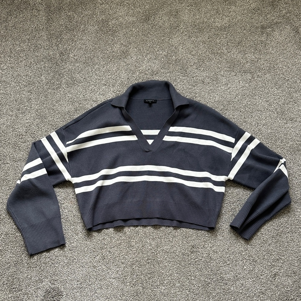 Dynamite Dark Gray and White V-Neck Sweater